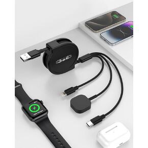 Opluz 4FT Retractable Phone iwatch Charger Cord, Multi 3 in 1 USB Charger for iWatch Charger+Lightning + Type C Compatible with iWatch Ultra/SE/9/8/7/6/5/4/3/2/1/Phone/Samsung/iPad/Airpods -Black