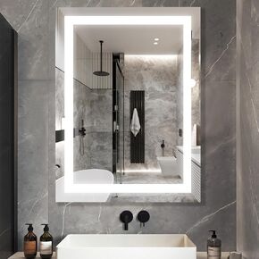 36x28 inch Bathroom Mirror, Lighted Vanity Mirror with Front and Back Lit, Stepless Dimmable&Colors LED Mirror with Double Strips, Anti-Fog, Memory, Waterproof(Horizontal/Vertical)