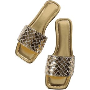 GORGLITTER Women's Metallic Gold Sandals Rhinestone Sparkly Square Open Toe Slip on Slides Flat Sandals