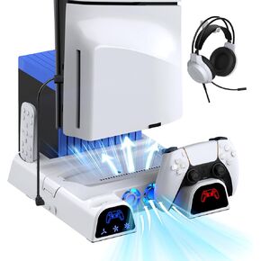حامل تبريد متوافق مع PS5 Slim / PS5 مع محطة شحن وحدة تحكم مزدوجة متوافقة مع وحدة تحكم PlayStation 5، تتضمن ملحقات PS5 مروحة تبريد، وحامل سماعة رأس، و11 فتحة ألعاب in Kuwait