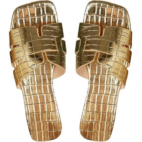 WDIRARA Women's H Sandals Crocodile Embossed Cut Out Flat Sandals Open Toe H Cross Strappy Slide Sandals