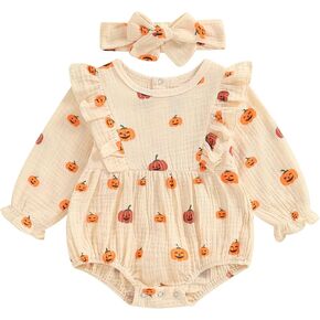 Newborn Girl Halloween Outfit Pumpkin Bow Long Sleeve Ruffle Cotton Linen Romper Baby First Halloween Clothes