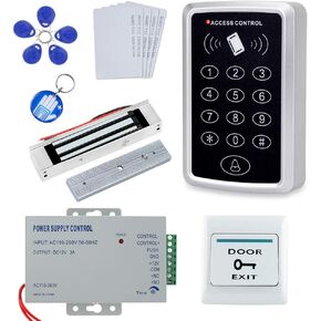Stand-Alone Door Access Control System Kit with 180kg/350lbs Electric Magnetic Lock, DC12V/3A Power Supply, Door Exit Button, 10pcs RFID EM ID Keyfobs/Cards