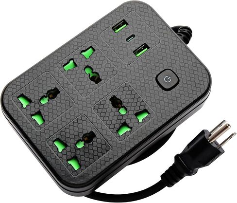 شريط طاقة للعمل في الخارج، سلك تمديد مع 4 منافذ عالمية واسعة، 2 منفذ USB ومنفذ USB C، سلك ملفوف 6 أقدام، موسع قابس محمول 2500 وات 110-240 فولت لأساسيات السفر، أسود in Saudi Arabia