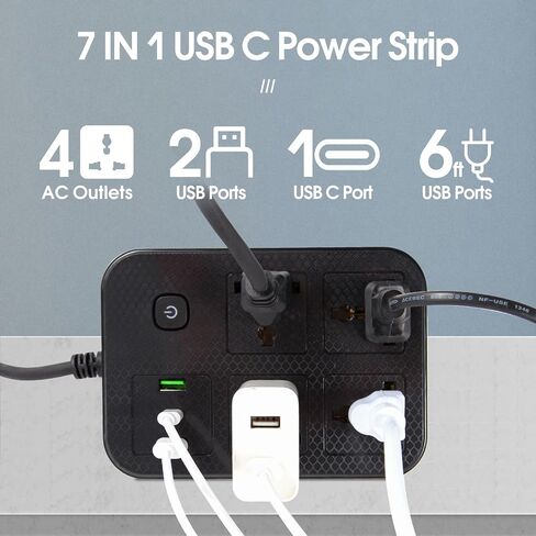 شريط طاقة للعمل في الخارج، سلك تمديد مع 4 منافذ عالمية واسعة، 2 منفذ USB ومنفذ USB C، سلك ملفوف 6 أقدام، موسع قابس محمول 2500 وات 110-240 فولت لأساسيات السفر، أسود in Saudi Arabia