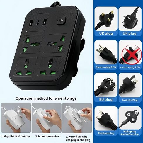 شريط طاقة للعمل في الخارج، سلك تمديد مع 4 منافذ عالمية واسعة، 2 منفذ USB ومنفذ USB C، سلك ملفوف 6 أقدام، موسع قابس محمول 2500 وات 110-240 فولت لأساسيات السفر، أسود in Saudi Arabia