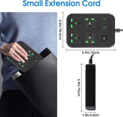 شريط طاقة للعمل في الخارج، سلك تمديد مع 4 منافذ عالمية واسعة، 2 منفذ USB ومنفذ USB C، سلك ملفوف 6 أقدام، موسع قابس محمول 2500 وات 110-240 فولت لأساسيات السفر، أسود in Saudi Arabia