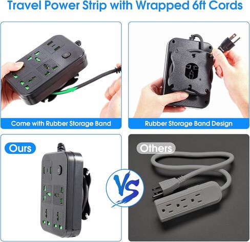 شريط طاقة للعمل في الخارج، سلك تمديد مع 4 منافذ عالمية واسعة، 2 منفذ USB ومنفذ USB C، سلك ملفوف 6 أقدام، موسع قابس محمول 2500 وات 110-240 فولت لأساسيات السفر، أسود in Saudi Arabia