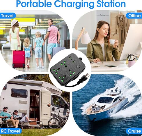 شريط طاقة للعمل في الخارج، سلك تمديد مع 4 منافذ عالمية واسعة، 2 منفذ USB ومنفذ USB C، سلك ملفوف 6 أقدام، موسع قابس محمول 2500 وات 110-240 فولت لأساسيات السفر، أسود in Saudi Arabia