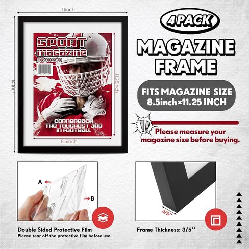 4 Pcs Sports Magazine Frame Fits Magazine Measuring 8.5 x 11.25 Inch Magazine Display Frame with Installed Hangers and Core Matting Plastic Frames for Sports Magazines(White (Black Mat)) in Saudi Arabia