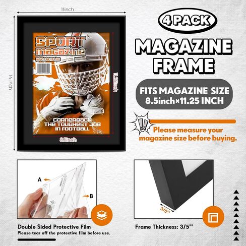 4 Pcs Sports Magazine Frame Fits Magazine Measuring 8.5 x 11.25 Inch Magazine Display Frame with Installed Hangers and Core Matting Plastic Frames for Sports Magazines(White (Black Mat)) in Saudi Arabia