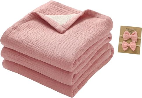 Muslin Baby Blankets for Girls,100% Cotton Muslin Toddler Blanket,Crib Blanket,Muslin Swaddle Blankets,Soft and Lightweight Baby Quilt for Boys and Girls 47 * 47" (Pink+Khaki) in Saudi Arabia