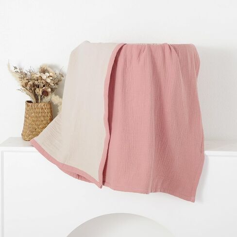 Muslin Baby Blankets for Girls,100% Cotton Muslin Toddler Blanket,Crib Blanket,Muslin Swaddle Blankets,Soft and Lightweight Baby Quilt for Boys and Girls 47 * 47" (Pink+Khaki) in Saudi Arabia