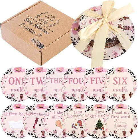 Funmemoir 13pcs Cowgirl Baby Monthly Photo Cards, Wooden Newborn Baby Photo Marker Discs, Double Sided Baby Growth Cards for Cowgirl Theme Baby Shower Gifts, Baby Newborn to 1st Photo Props in Kuwait