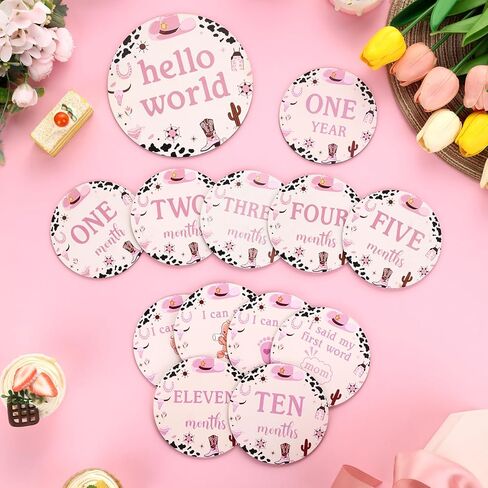 Funmemoir 13pcs Cowgirl Baby Monthly Photo Cards, Wooden Newborn Baby Photo Marker Discs, Double Sided Baby Growth Cards for Cowgirl Theme Baby Shower Gifts, Baby Newborn to 1st Photo Props in Kuwait