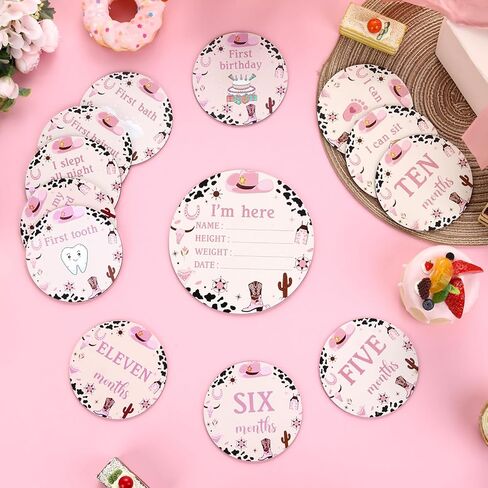 Funmemoir 13pcs Cowgirl Baby Monthly Photo Cards, Wooden Newborn Baby Photo Marker Discs, Double Sided Baby Growth Cards for Cowgirl Theme Baby Shower Gifts, Baby Newborn to 1st Photo Props in Kuwait