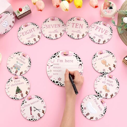 Funmemoir 13pcs Cowgirl Baby Monthly Photo Cards, Wooden Newborn Baby Photo Marker Discs, Double Sided Baby Growth Cards for Cowgirl Theme Baby Shower Gifts, Baby Newborn to 1st Photo Props in Kuwait