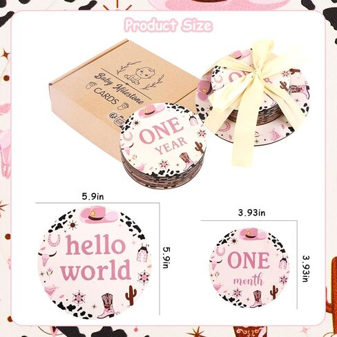 Funmemoir 13pcs Cowgirl Baby Monthly Photo Cards, Wooden Newborn Baby Photo Marker Discs, Double Sided Baby Growth Cards for Cowgirl Theme Baby Shower Gifts, Baby Newborn to 1st Photo Props in Kuwait