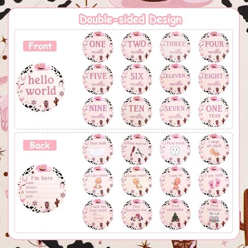 Funmemoir 13pcs Cowgirl Baby Monthly Photo Cards, Wooden Newborn Baby Photo Marker Discs, Double Sided Baby Growth Cards for Cowgirl Theme Baby Shower Gifts, Baby Newborn to 1st Photo Props in Kuwait