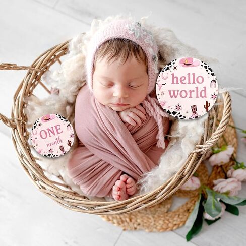 Funmemoir 13pcs Cowgirl Baby Monthly Photo Cards, Wooden Newborn Baby Photo Marker Discs, Double Sided Baby Growth Cards for Cowgirl Theme Baby Shower Gifts, Baby Newborn to 1st Photo Props in Kuwait