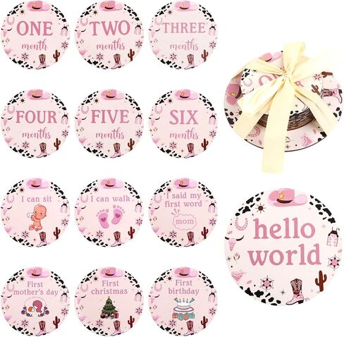 Funmemoir 13pcs Cowgirl Baby Monthly Photo Cards, Wooden Newborn Baby Photo Marker Discs, Double Sided Baby Growth Cards for Cowgirl Theme Baby Shower Gifts, Baby Newborn to 1st Photo Props in Kuwait