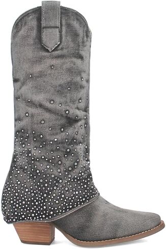 Dingo Womens Eye Candy Rhinestone Snip Toe Casual Boots Over the Knee Mid Heel 2-3" - Black in Saudi Arabia