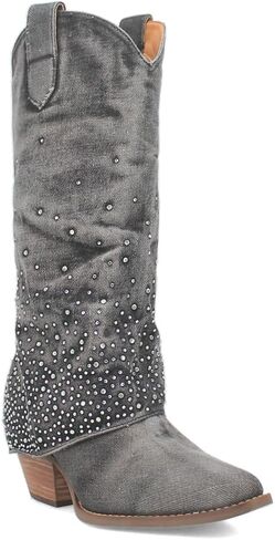 Dingo Womens Eye Candy Rhinestone Snip Toe Casual Boots Over the Knee Mid Heel 2-3" - Black in Saudi Arabia