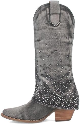 Dingo Womens Eye Candy Rhinestone Snip Toe Casual Boots Over the Knee Mid Heel 2-3" - Black in Saudi Arabia