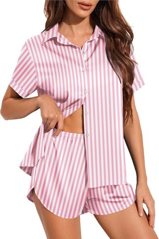Ekouaer Silk Pajamas for Women Short Sleeve Satin Pajama Set Cute Loungewear Pijamas De Mujer Pink Leopard, M in Kuwait