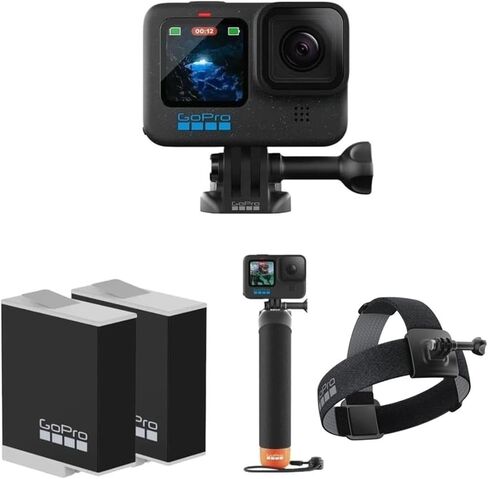 كاميرا GoPro HERO12 Black Action مع حزمة العطلات، 2X بطاريات Enduro قابلة لإعادة الشحن، حزام الرأس 2.0، مقبض Go Pro (مقبض يد عائم)، مشبك تثبيت + برغي إبهام، 40 قطعة Extreme Sport Hero 12 in Kuwait