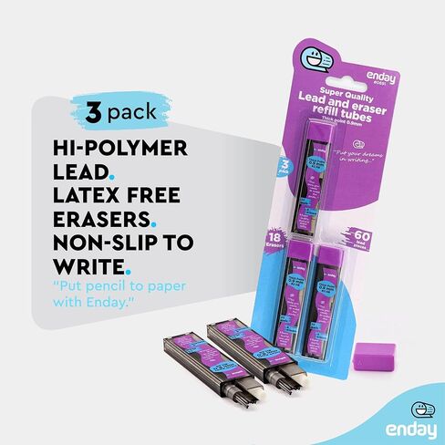 Enday Mechanical 0.7 Lead Pencil and Eraser Refills, Black HB #2 Lead 0.5 Refill, White Eraser Refills for Pencil Tops, Pack of 3 (30 Pieces of Lead and 6 Erasers per Tube) in Kuwait