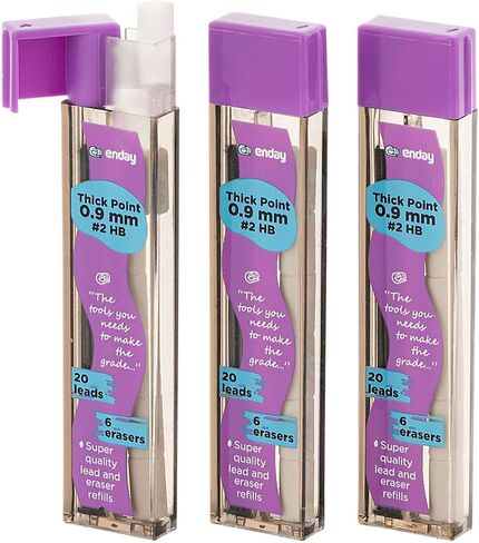Enday Mechanical 0.7 Lead Pencil and Eraser Refills, Black HB #2 Lead 0.5 Refill, White Eraser Refills for Pencil Tops, Pack of 3 (30 Pieces of Lead and 6 Erasers per Tube) in Kuwait