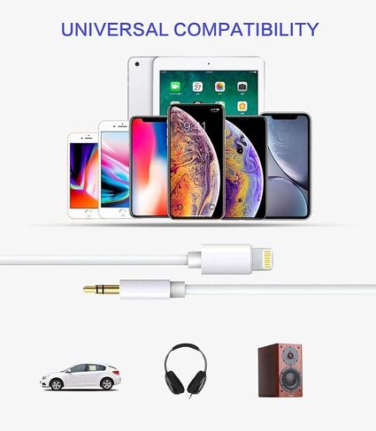 كابل Aux للسيارة، كابل صوت للهاتف إلى 3.5 مم ذكر (3FT/1M) سلك صوت للهاتف متوافق مع iPhone Xs/X/8/8Plus/7/7Plus/iPad/iPod إلى محول ستيريو السيارة/مكبر الصوت/سماعات الرأس - أبيض in Saudi Arabia