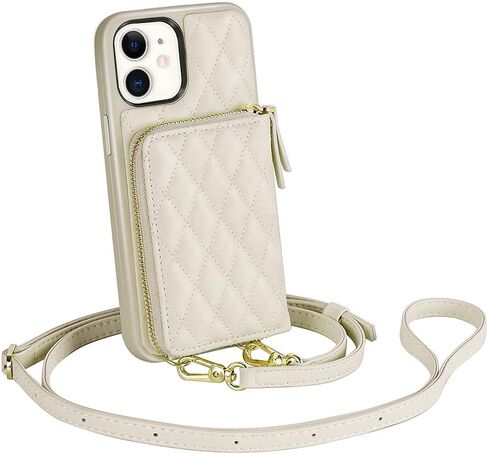 LAMEEKU Wallet Case Compatible with iPhone 11, Card Holder Case with Wrist Strap Quilted Leather Crossbody Wallet Case for Women Shockproof Case Compatible with iPhone 11, 6.1"-Beige in Saudi Arabia