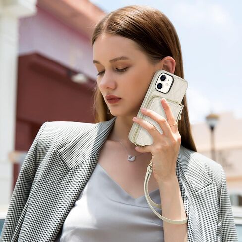 LAMEEKU Wallet Case Compatible with iPhone 11, Card Holder Case with Wrist Strap Quilted Leather Crossbody Wallet Case for Women Shockproof Case Compatible with iPhone 11, 6.1"-Beige in Saudi Arabia