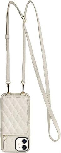 LAMEEKU Wallet Case Compatible with iPhone 11, Card Holder Case with Wrist Strap Quilted Leather Crossbody Wallet Case for Women Shockproof Case Compatible with iPhone 11, 6.1"-Beige in Saudi Arabia