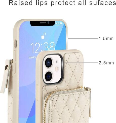 LAMEEKU Wallet Case Compatible with iPhone 11, Card Holder Case with Wrist Strap Quilted Leather Crossbody Wallet Case for Women Shockproof Case Compatible with iPhone 11, 6.1"-Beige in Saudi Arabia