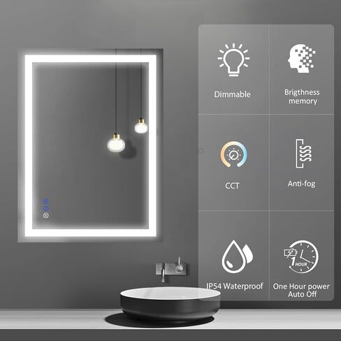 36x28 inch Bathroom Mirror, Lighted Vanity Mirror with Front and Back Lit, Stepless Dimmable&Colors LED Mirror with Double Strips, Anti-Fog, Memory, Waterproof(Horizontal/Vertical) in Saudi Arabia