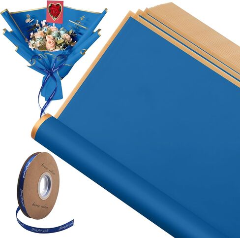 XHKDSYMC 20 Sheets White Flower Wrapping Paper, 22.24 x 22.24 inch Floral Bouquet Wrapping Paper Gold Edge Waterproof Flower Paper Wrap with 1 Roll Ribbon 40 Yards in Kuwait