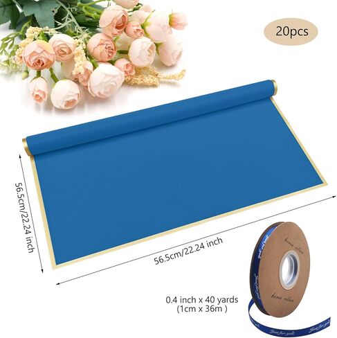 XHKDSYMC 20 Sheets White Flower Wrapping Paper, 22.24 x 22.24 inch Floral Bouquet Wrapping Paper Gold Edge Waterproof Flower Paper Wrap with 1 Roll Ribbon 40 Yards in Kuwait