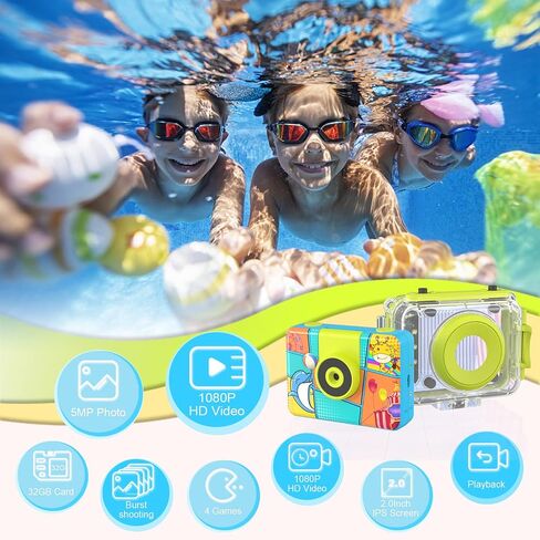 Kids Camera, Waterproof Kids Digital Camera, Children Selfie Camera with 180°Flip Len, 20MP 1080P Sports Action Toy Underwater Camera for Pool Helmet, Birthday Gifts for Boys Girls Age 3-12 in Saudi Arabia