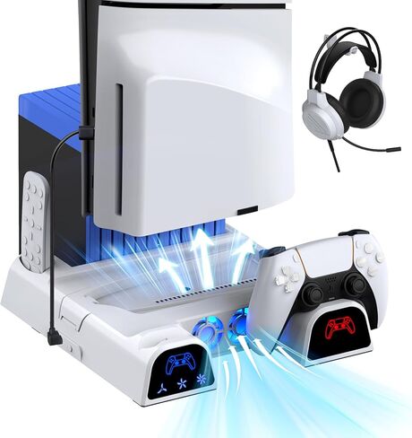 حامل تبريد متوافق مع PS5 Slim / PS5 مع محطة شحن وحدة تحكم مزدوجة متوافقة مع وحدة تحكم PlayStation 5، تتضمن ملحقات PS5 مروحة تبريد، وحامل سماعة رأس، و11 فتحة ألعاب in Kuwait