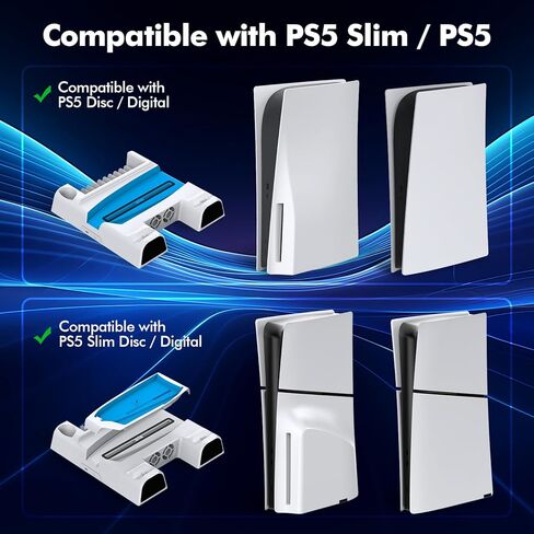 حامل تبريد متوافق مع PS5 Slim / PS5 مع محطة شحن وحدة تحكم مزدوجة متوافقة مع وحدة تحكم PlayStation 5، تتضمن ملحقات PS5 مروحة تبريد، وحامل سماعة رأس، و11 فتحة ألعاب in Kuwait
