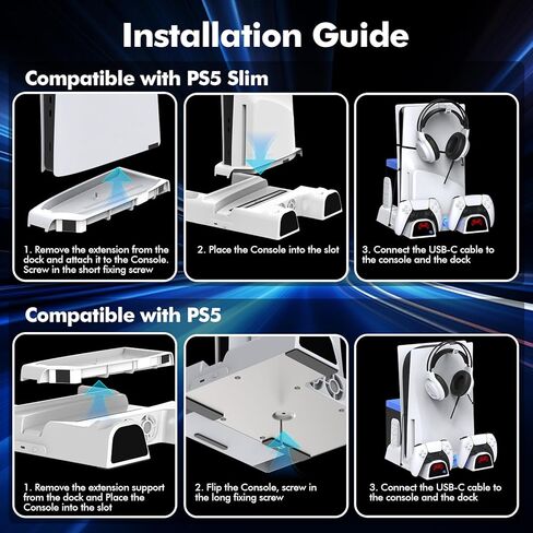 حامل تبريد متوافق مع PS5 Slim / PS5 مع محطة شحن وحدة تحكم مزدوجة متوافقة مع وحدة تحكم PlayStation 5، تتضمن ملحقات PS5 مروحة تبريد، وحامل سماعة رأس، و11 فتحة ألعاب in Kuwait