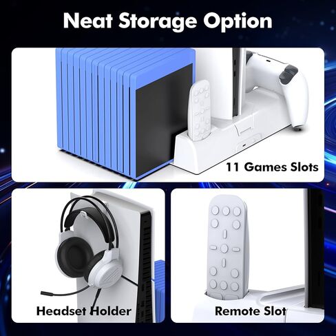 حامل تبريد متوافق مع PS5 Slim / PS5 مع محطة شحن وحدة تحكم مزدوجة متوافقة مع وحدة تحكم PlayStation 5، تتضمن ملحقات PS5 مروحة تبريد، وحامل سماعة رأس، و11 فتحة ألعاب in Kuwait