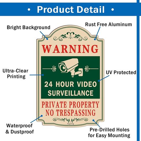 2 Pack Security Alert 24 Hour Video Surveillance Signs No Trespassing Signs 12 x 12 Inches CCTV Camera Warning Safety Signs Metal Reflective Sturdy Rust Aluminum Waterproof Easy to Install in Kuwait