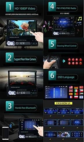 1-Din Flip Touch Screen Car Stereo with 1080P Retractable TFT/LCD Display, FM Radio, USB/SD, MP4/MP5 Player Backup Camera Support. in Kuwait