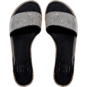 Verdusa Women's Rhinestone Sandals Sparkly Slip On Slides Open Toe Glitter Flat Sandals