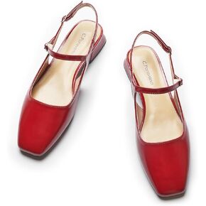 C.Paravano Women's Slingback Flats | Square Toe Slingback Flats for Women | Block Heel Slingback Sandals | Adjustable Strap Shoes (Size 11.5,New Red)
