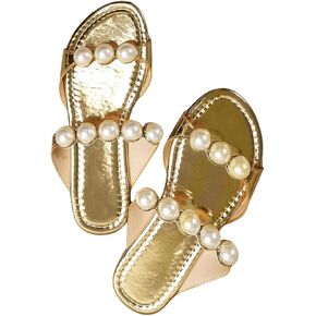 GORGLITTER Women's Pearls Decor Double Strap Slide Shoes Round Open Toe Metallic Flat Sandals